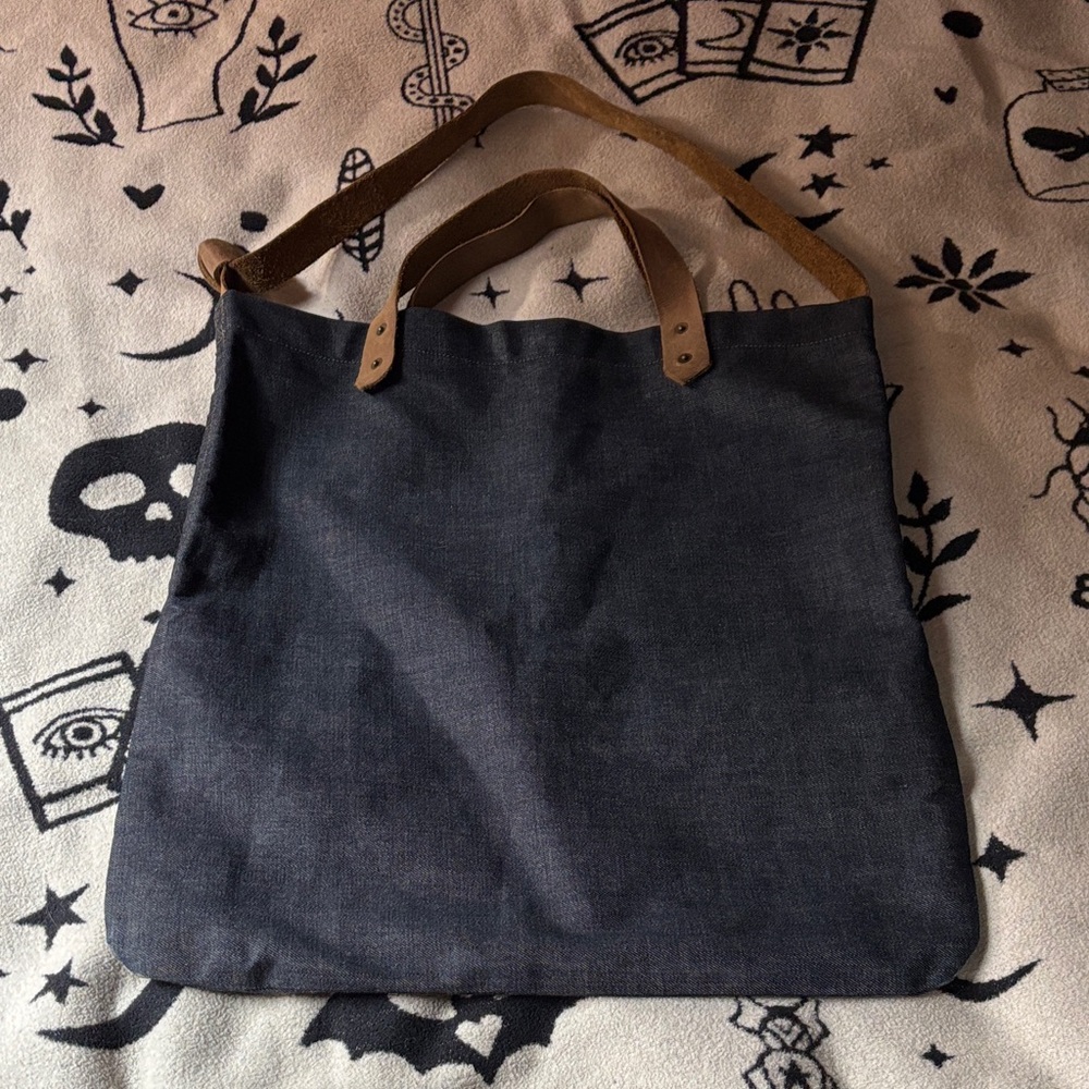 Stylish Vintage Denim  Tote Bag with Brown Leather Handles